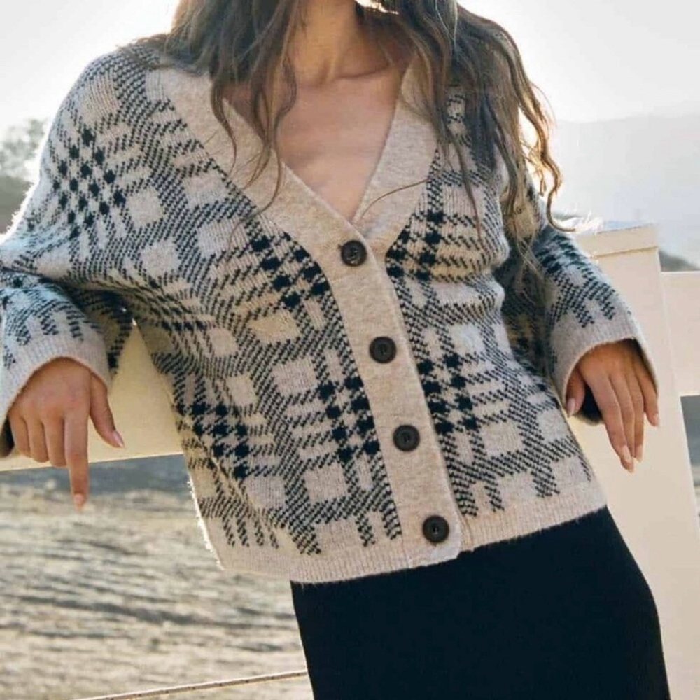 Rails Reese Wool Blend Cardigan Sweater in Black Oatmeal Plaid, M